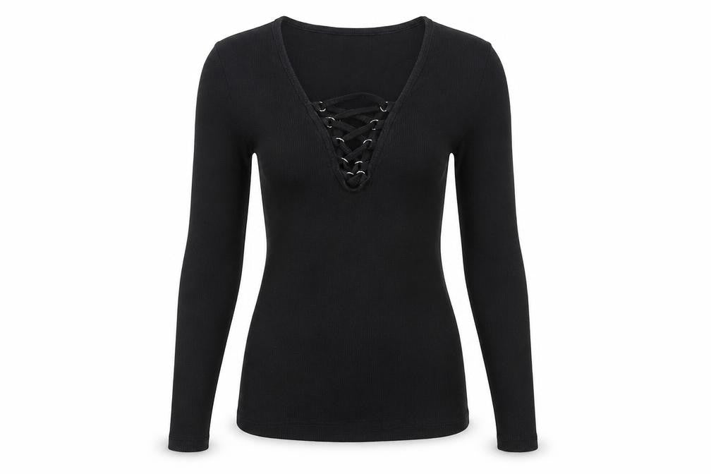 New Look Women's Black Lace-Up V-Neck Long Sleeve Top