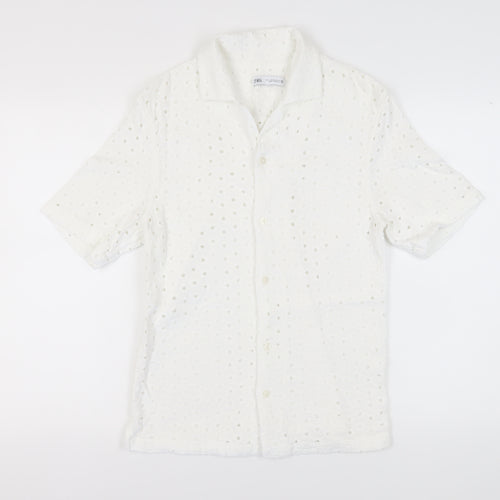 Zara Women's White Button-Up Shirt, Size 10, Cotton Lace