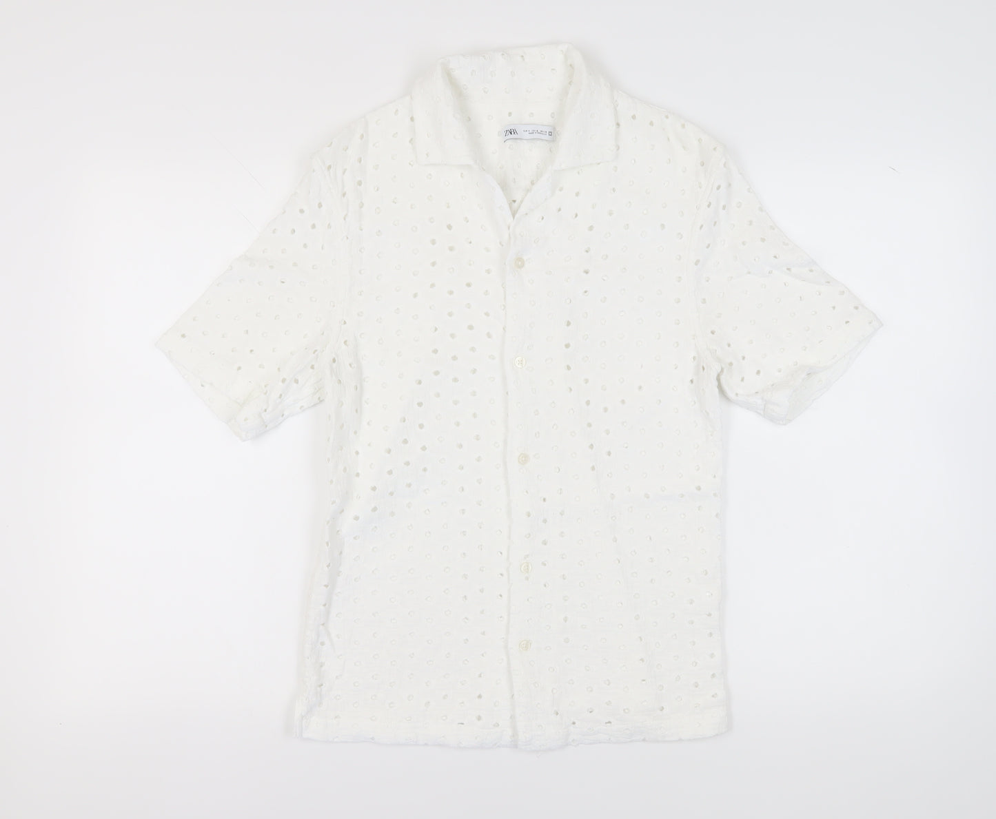 Zara Women's White Button-Up Shirt, Size 10, Cotton Lace