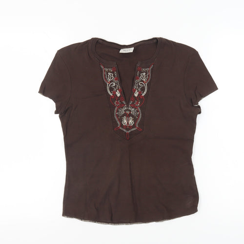Next Women Brown T-Shirt, Size 12, Embroidered V-Neck