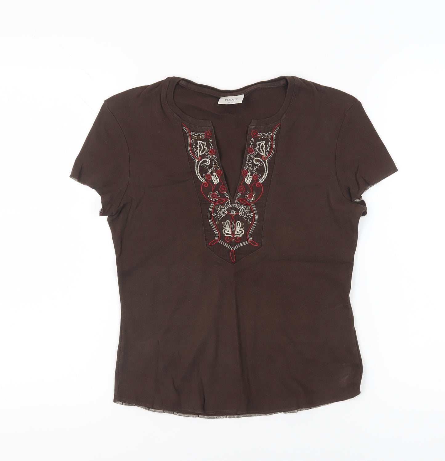 Next Women Brown T-Shirt, Size 12, Embroidered V-Neck