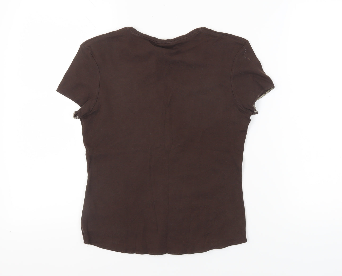 Next Women Brown T-Shirt, Size 12, Embroidered V-Neck