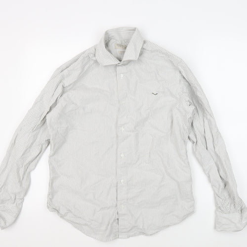 Boston Men's Slim-Fit Grey Striped Button-Up Shirt M