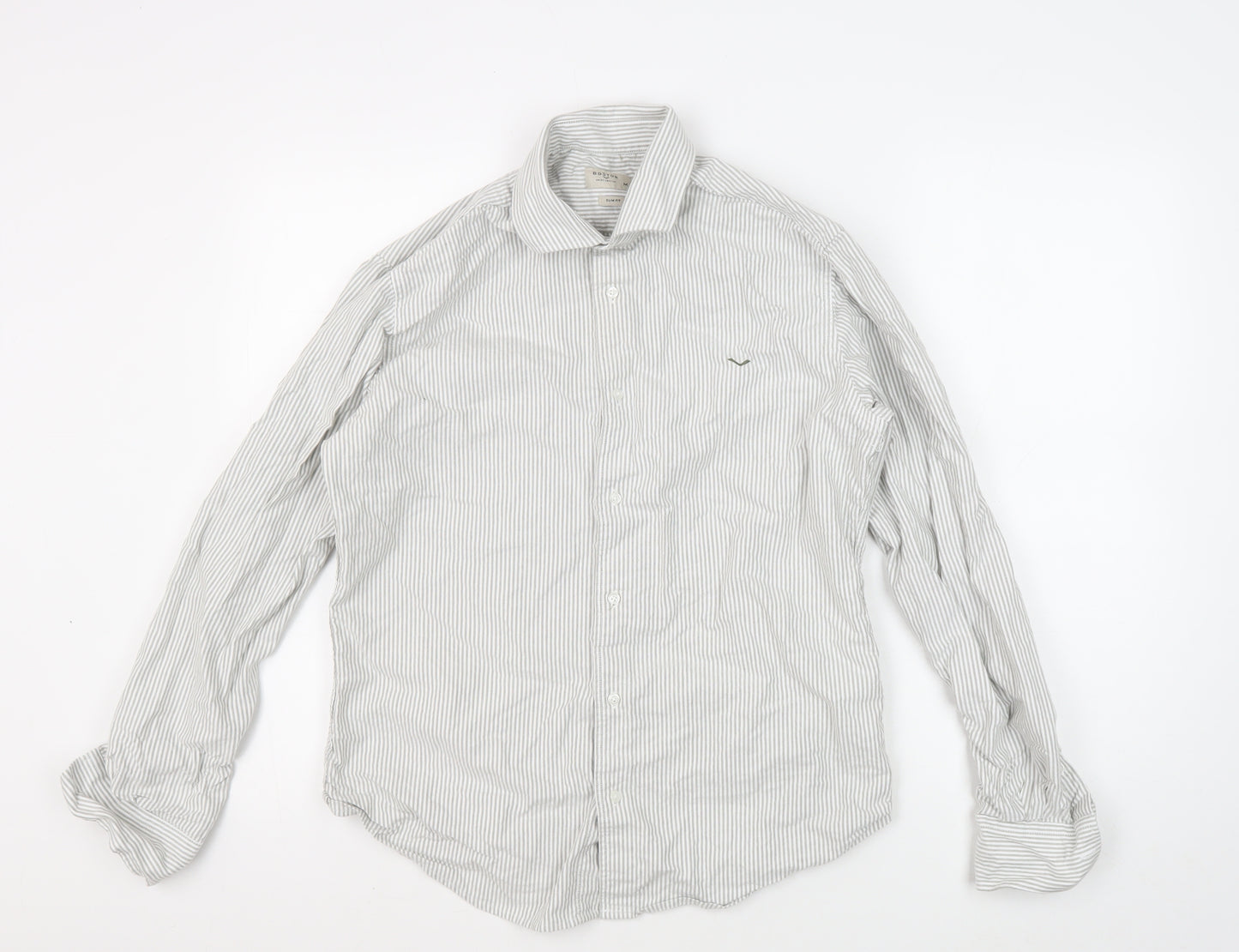 Boston Men's Slim-Fit Grey Striped Button-Up Shirt M