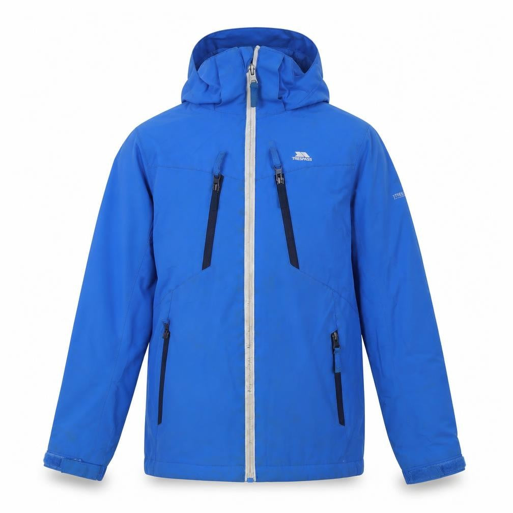 Front view of Trespass boys’ blue softshell jacket 9-10 years waterproof