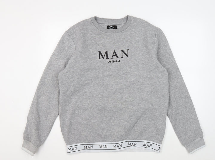 boohooMAN Men's Grey Pullover Sweatshirt, Size L, Logo Detail