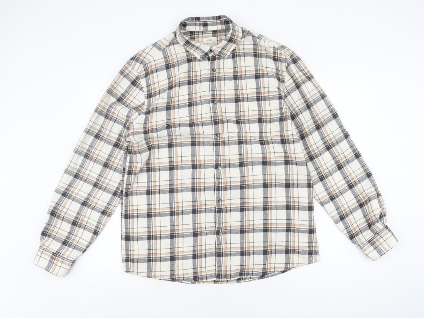 Marks and Spencer Men's Beige Check Flannel Shirt L