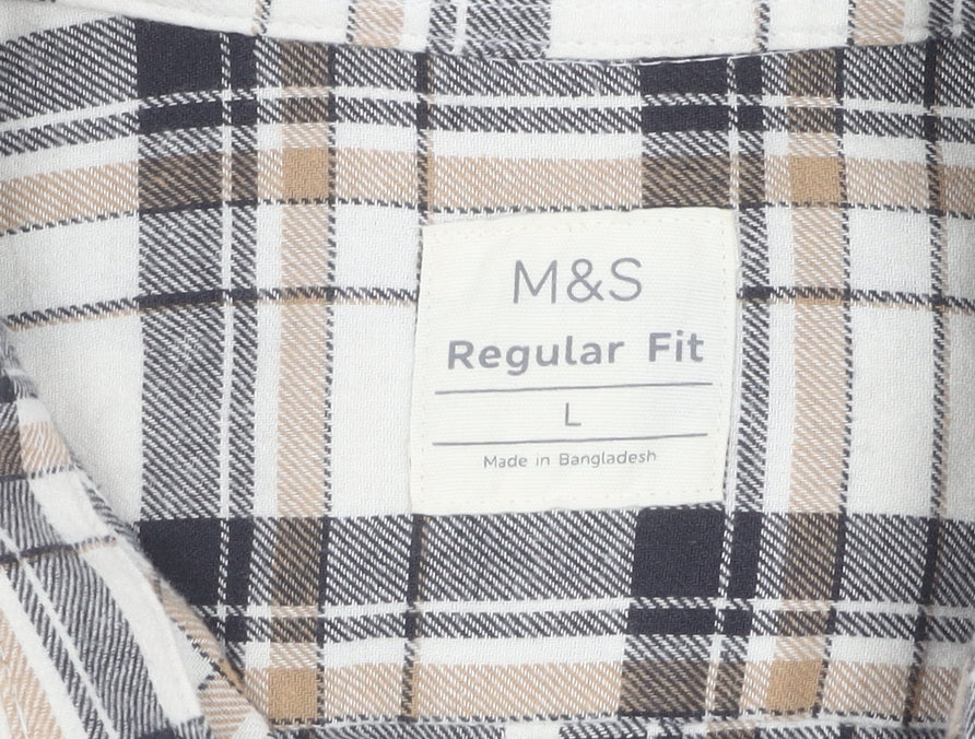 Marks and Spencer Men's Beige Check Flannel Shirt L