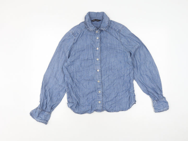 Marks and Spencer Women's Blue Button-Up Shirt, Size 8
