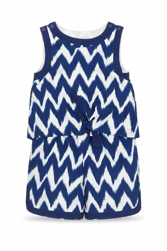 Front view of Next girls’ blue chevron playsuit, 4 years, sleeveless