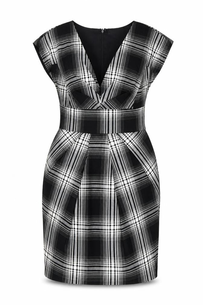 Front view of Warehouse Women's Black Check V-Neck Dress UK 12