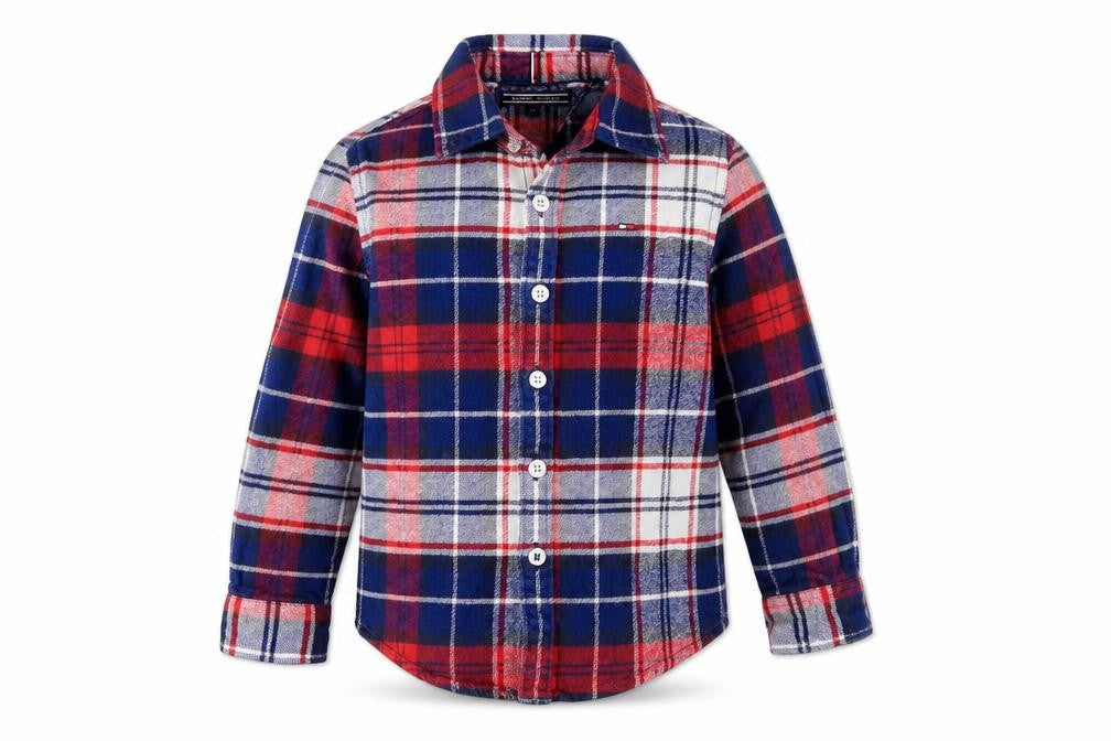 Front view of Tommy Hilfiger boys’ red blue plaid button-up shirt 4 years