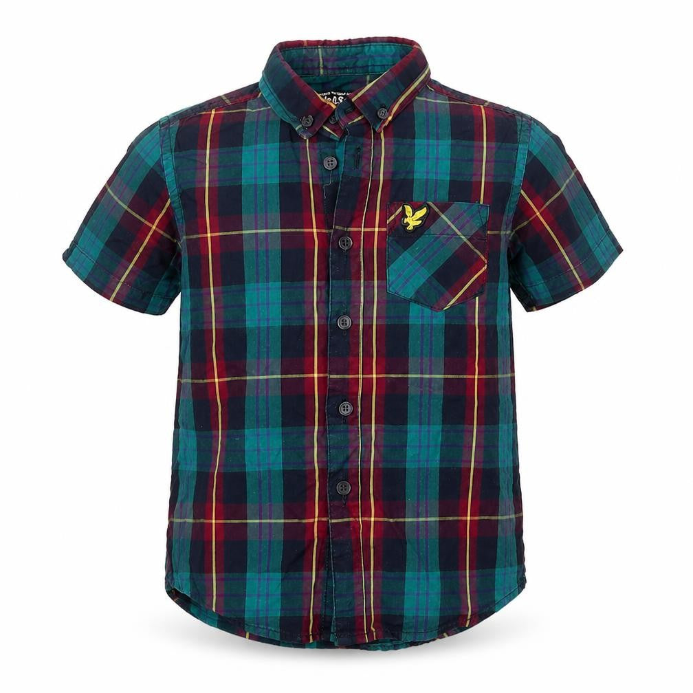 Front view of Lyle & Scott boys’ multicoloured plaid button-up shirt 4-5 years