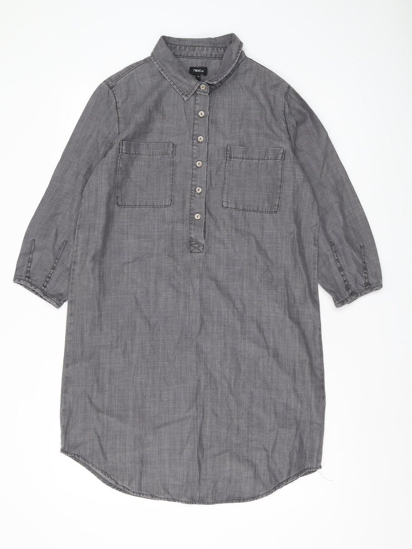 Next Women Grey 3/4 Sleeve Cotton Linen Button-Up Shirt