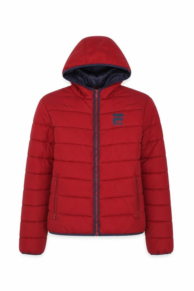Front view of Fila Women's Red Puffer Jacket, size S, Hooded Casual