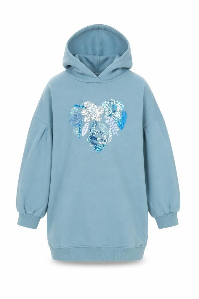Front view of Next girls’ blue sequin heart pullover hoodie 8 years