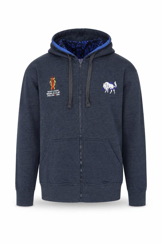 Front view of Men's Grey Rugby Hoodie M - World Cup, Full Zip