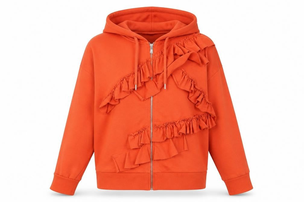Front view of River Island Women's Orange Ruffle Hoodie, size 8
