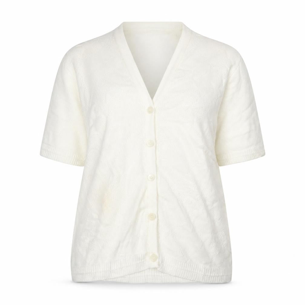 Front view of Damart Women's Ivory Cardigan, size 16-18, Button Accent