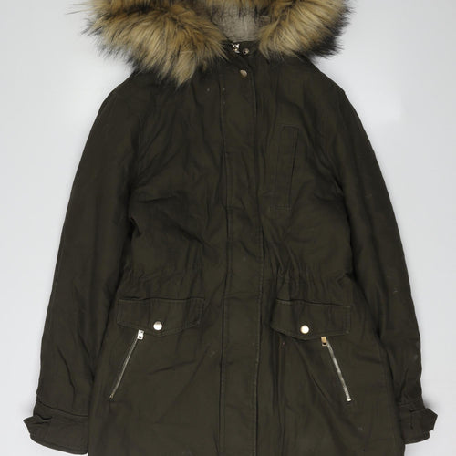 New Look Women's Parka with Fur Trim Hood, Size 12, Green