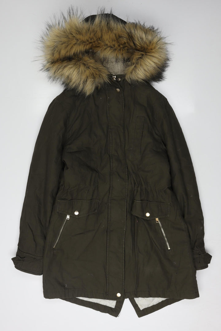 New Look Women's Parka with Fur Trim Hood, Size 12, Green