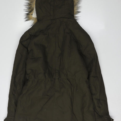 New Look Women's Parka with Fur Trim Hood, Size 12, Green