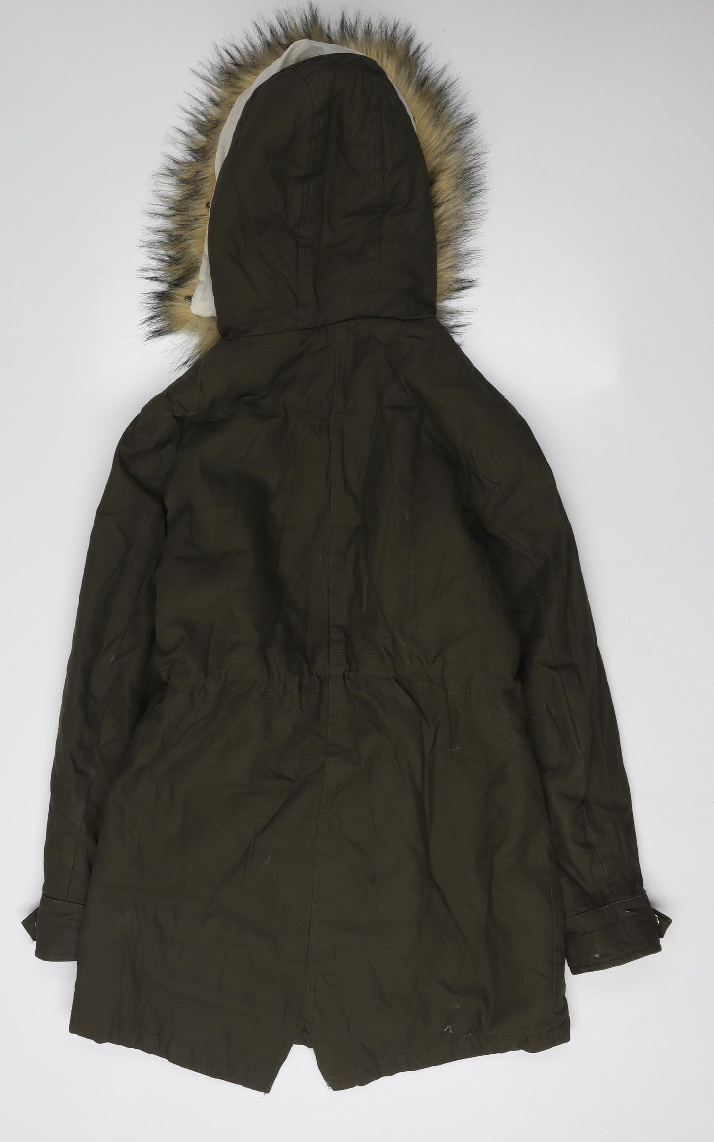 New Look Women's Parka with Fur Trim Hood, Size 12, Green