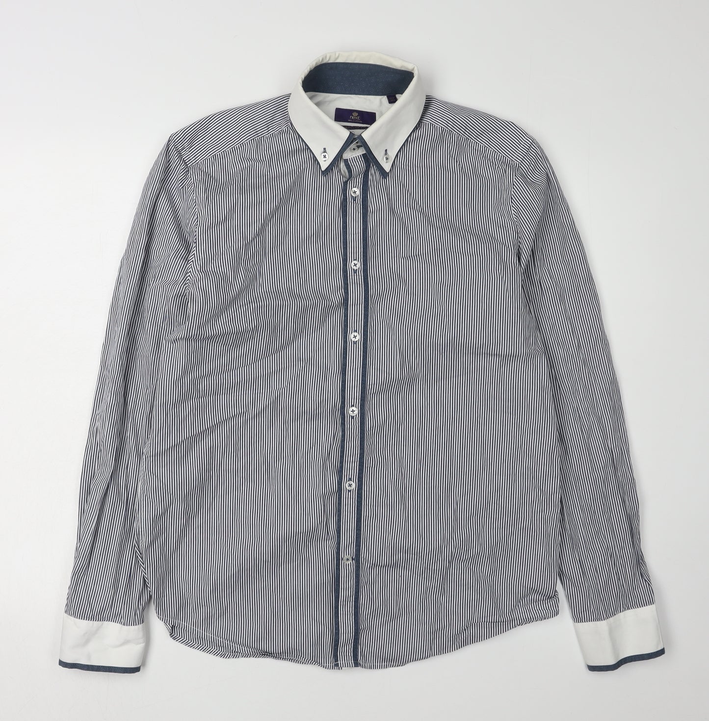 Next Men's Blue Striped Long Sleeve Shirt, Size 15.5