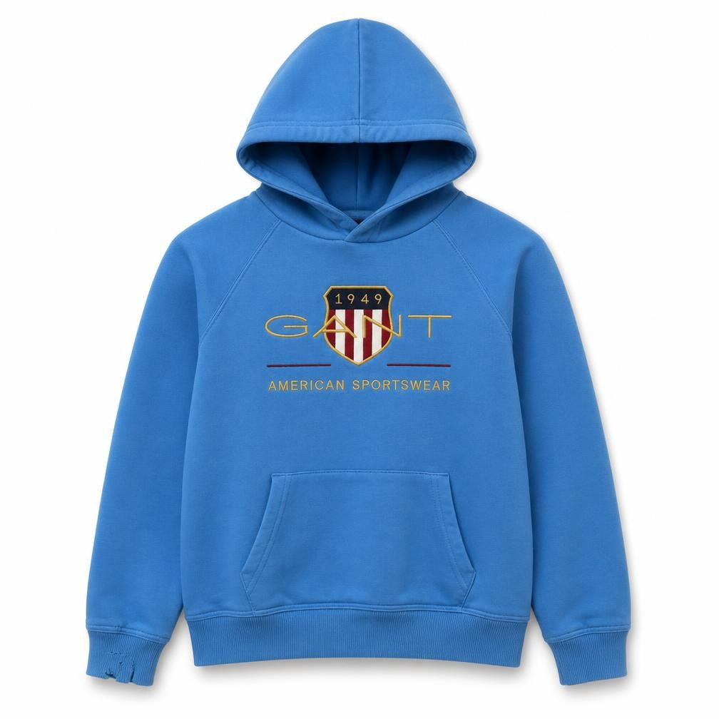 Front view of GANT boys’ blue logo pullover hoodie, size 13-14, years