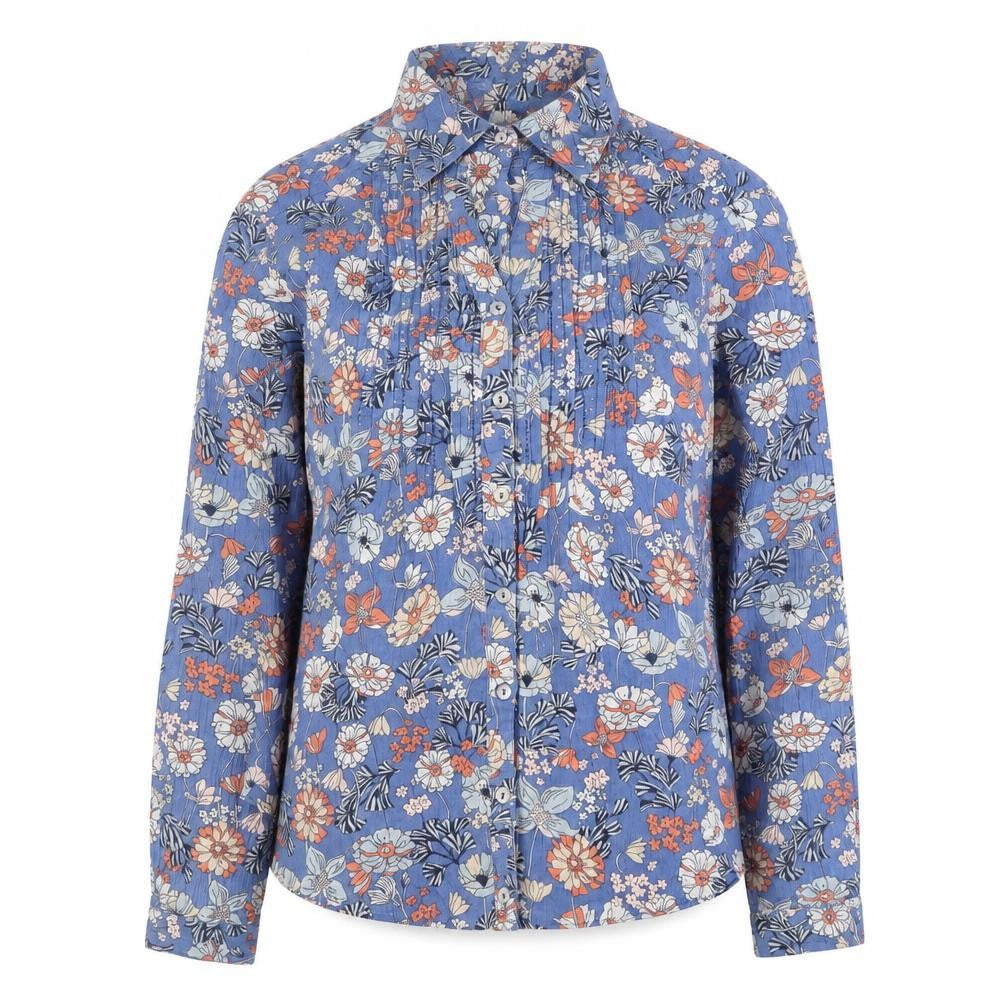 Front view of Isle Women's Blue Floral Cotton Blouse, size 10