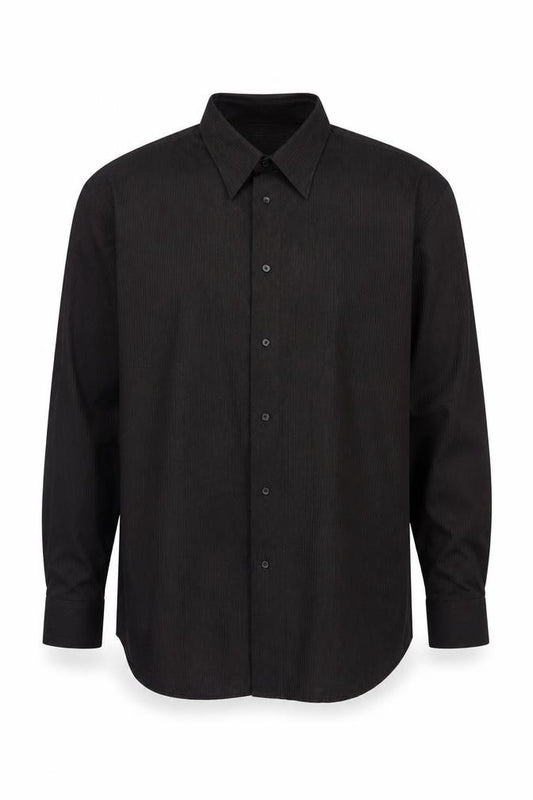 Front view of Tom English Men's Large Black Striped Shirt