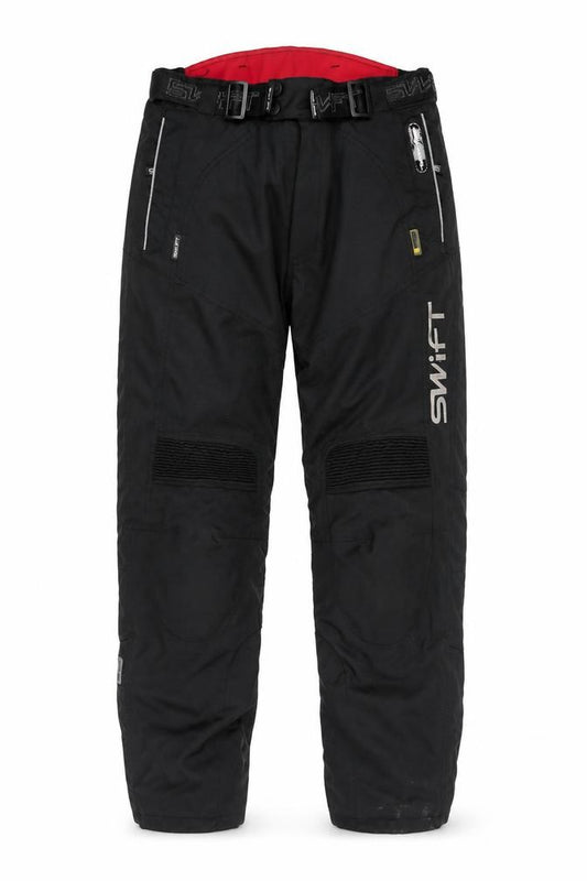 Front view of SWIFT unisex black s snow pants with buckle closure