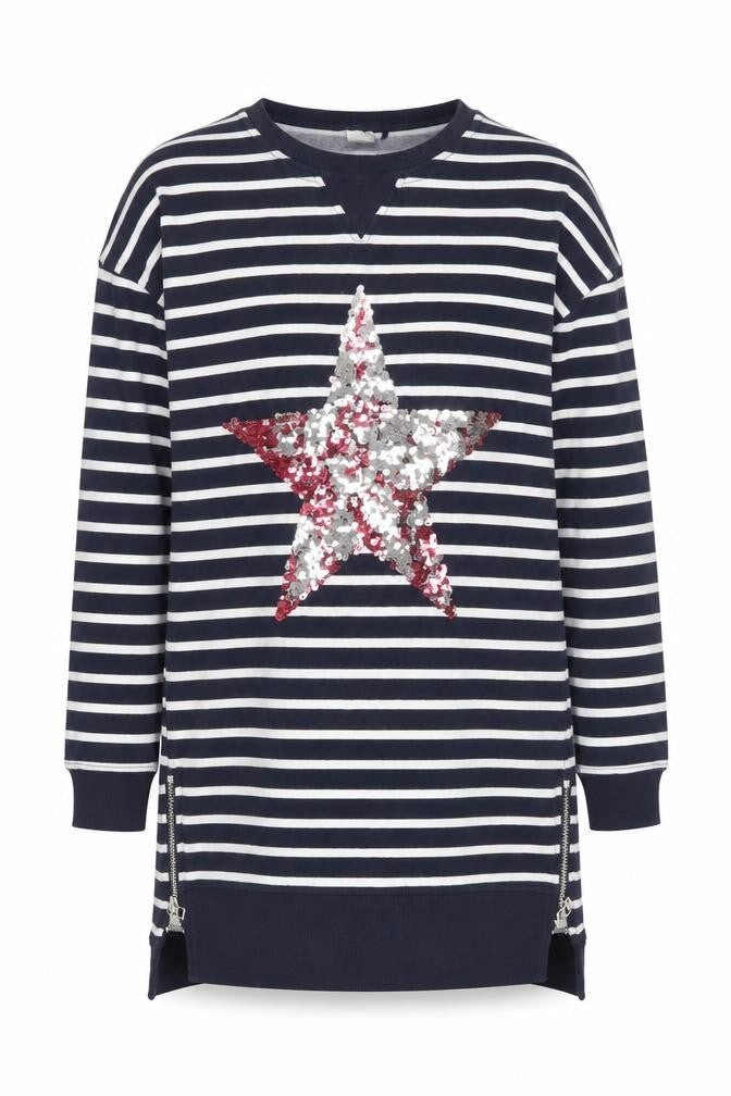 Front view of Next girls’ blue striped sequin star pullover sweatshirt 9 years