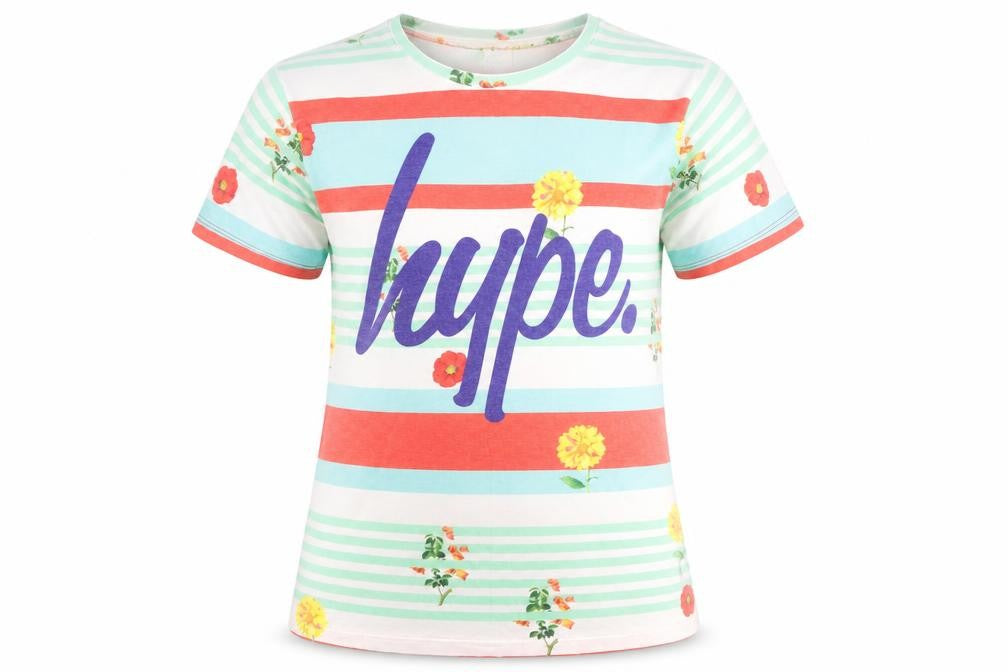 Front view of Hype Women's Multicoloured Floral Striped T-Shirt M
