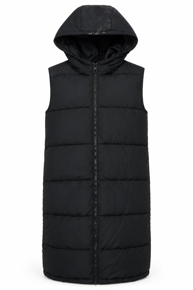 Front view of Only Women's Black Long Hooded Padded Waistcoat S