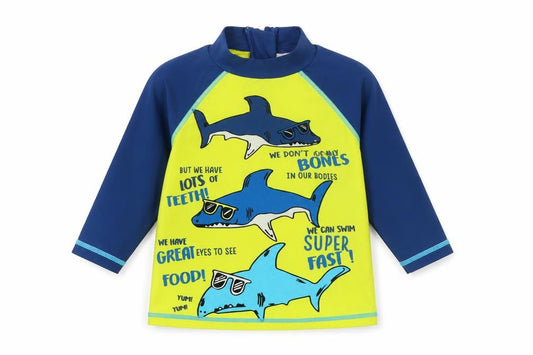 Front view of Mini Club unisex toddler blue uv protection shark rash guard 18-24m