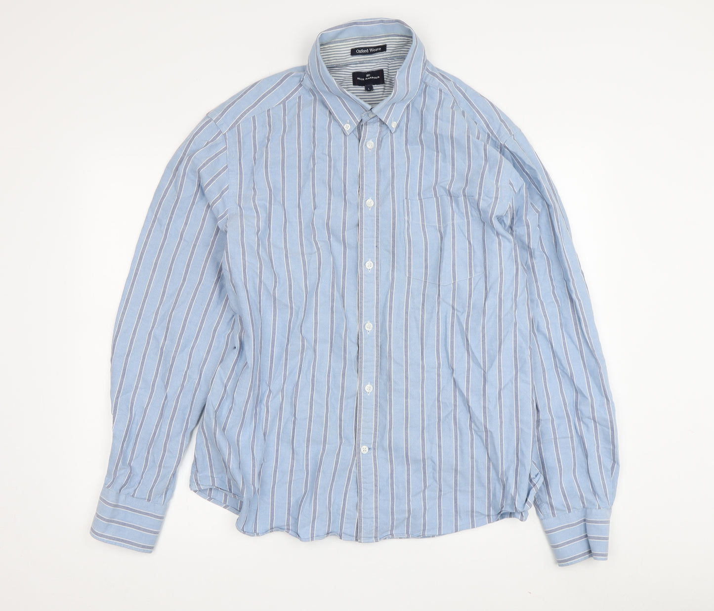 Marks and Spencer Blue Men's Striped Button-Up Shirt L