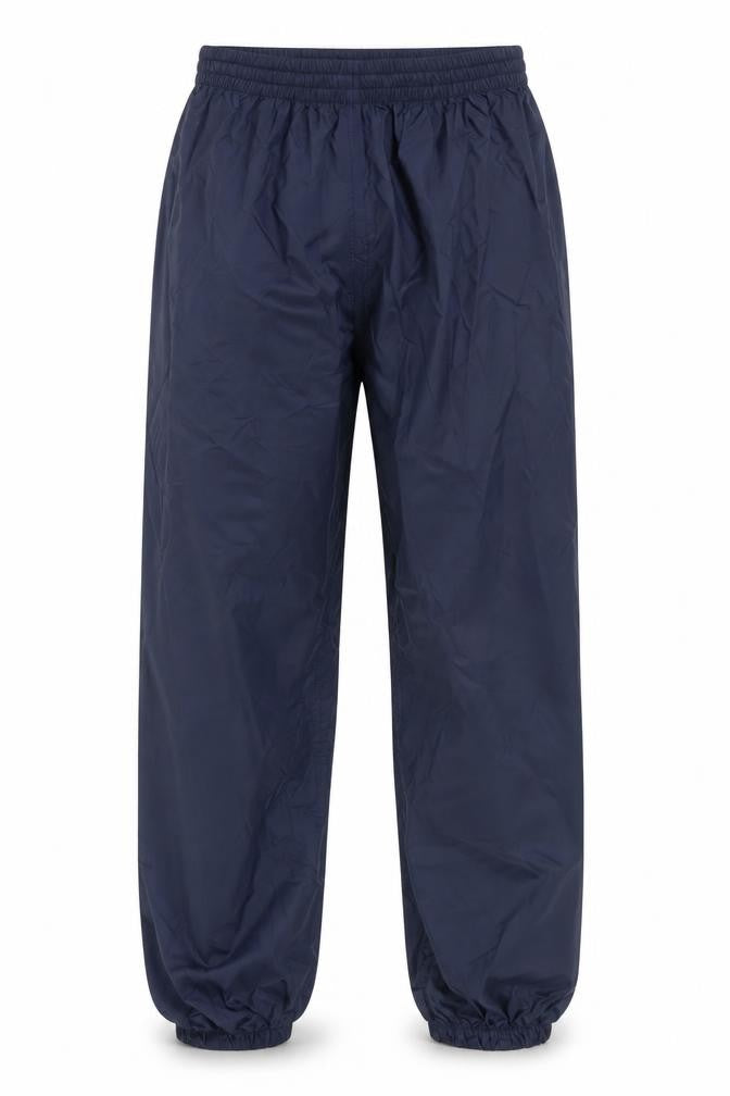 Front view of Quechua boys’ blue rain trousers, size 12, for hiking