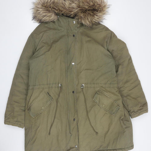 New Look Women's Green Parka with Fur Trim Hood Size 18