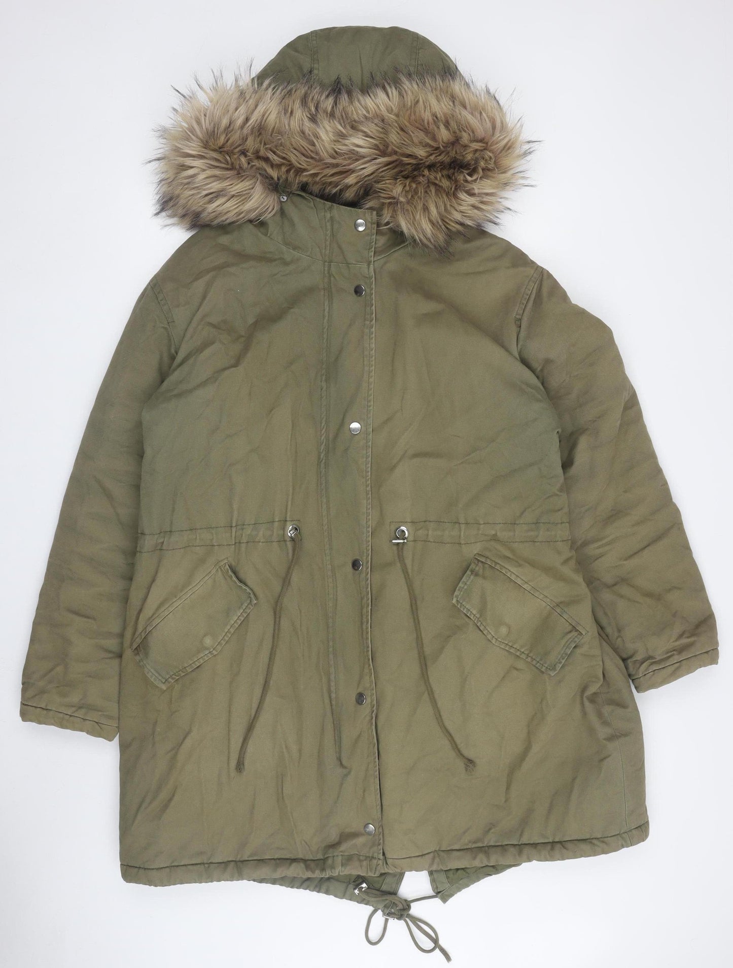 New Look Women's Green Parka with Fur Trim Hood Size 18
