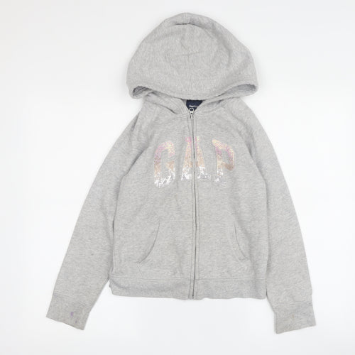 Gap Girls Grey Hoodie L Size Full Zip Logo Fleece