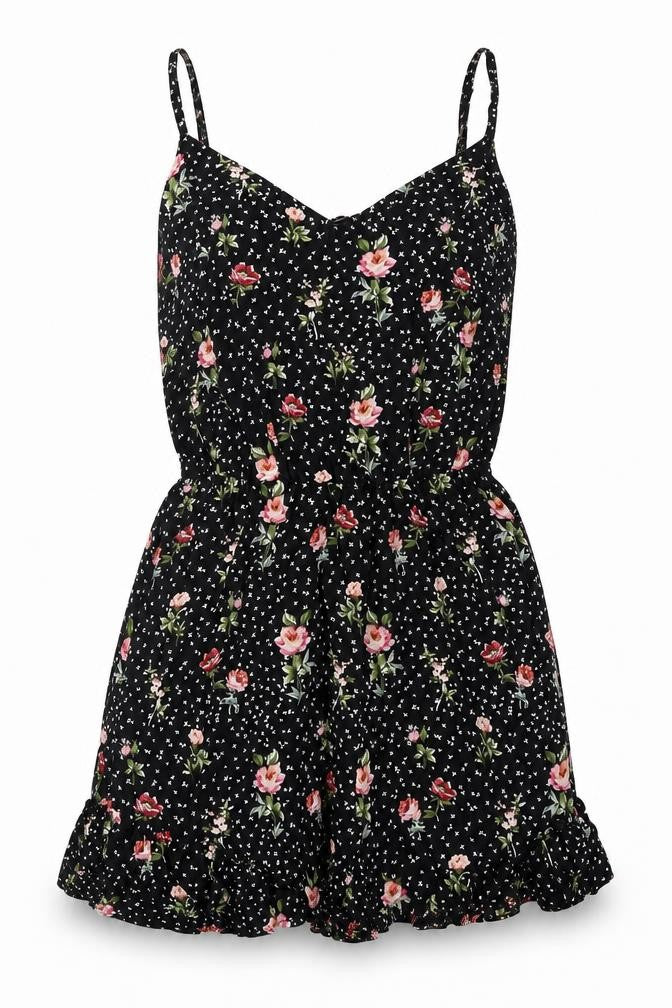 Bershka Women's Black Floral 2XS Playsuit Ruffle Sleeveless