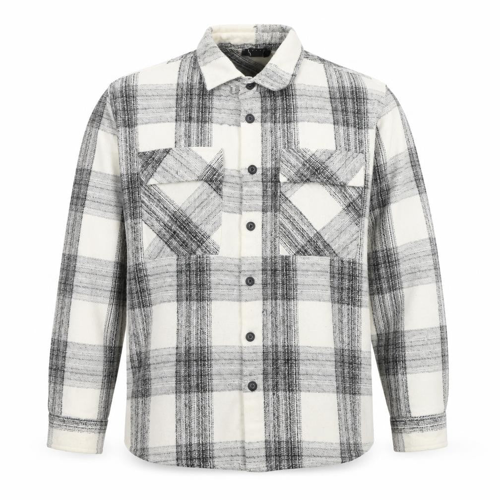 Front view of Man Men's Black and White Plaid Button-Up Shirt - L