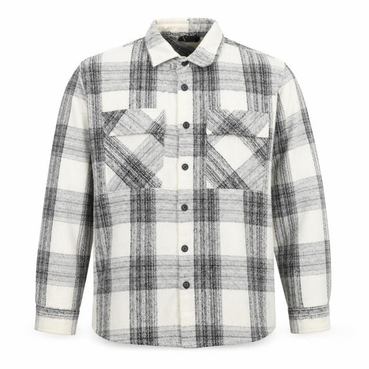 Front view of Man Men's Black and White Plaid Button-Up Shirt - L
