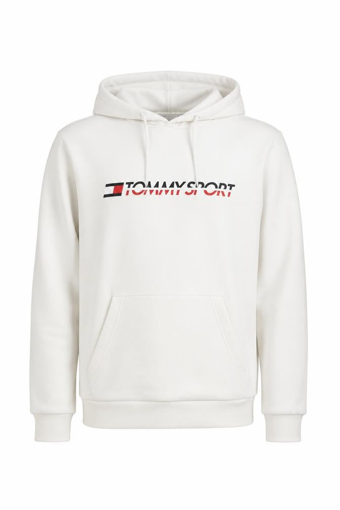 Front view of Tommy Sport Men's White Hoodie, size S, Pullover