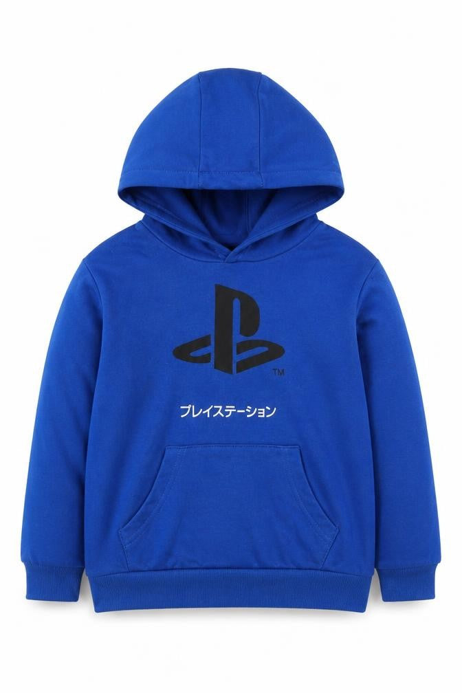 Front view of Official PlayStation Blue boys’ pullover hoodie, size 5-6, years