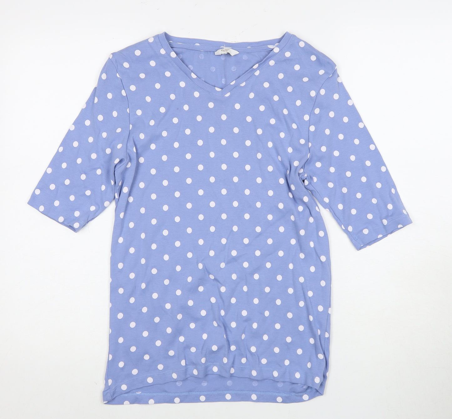 Cotton Traders Women's Blue Polka Dot V-Neck Top - Size 14