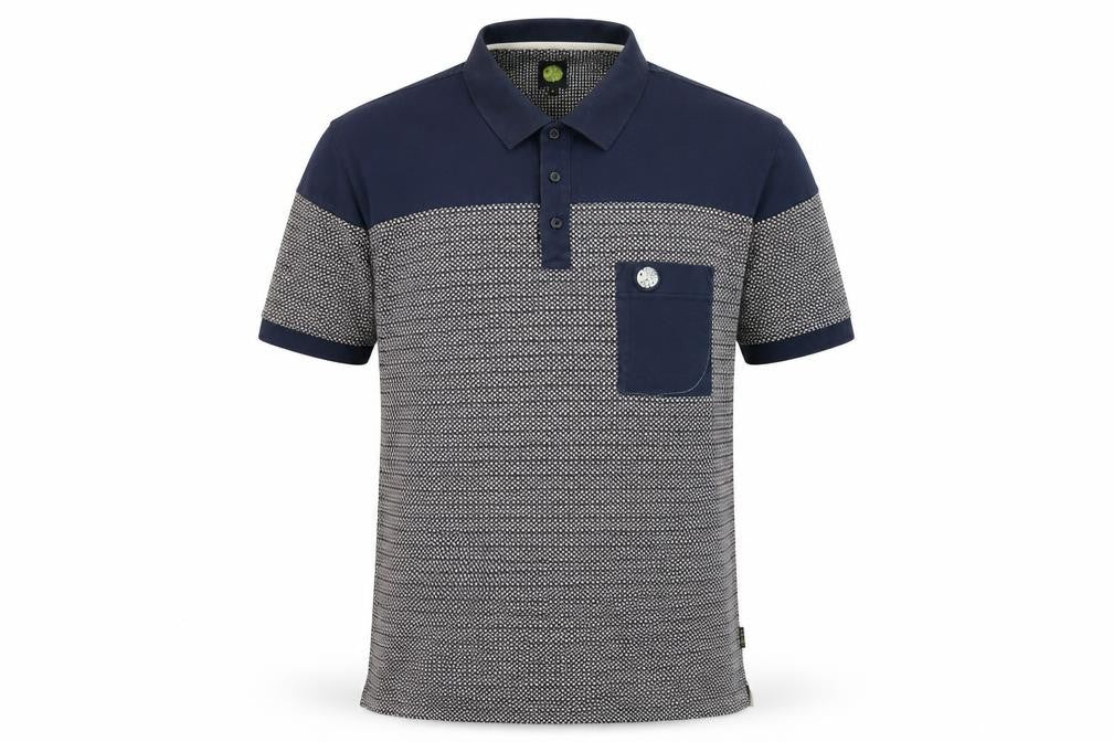 Front view of Pretty Green Men's Blue Polo Shirt, size S, Geometric Pattern