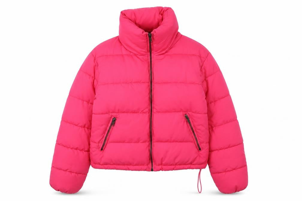 Front view of Glamorous Women's Pink Puffer Jacket -, size 6, Winter