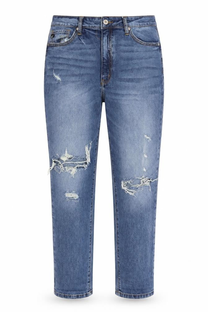 Front view of KanCan Women's Blue Straight Jeans, size 9, Distressed
